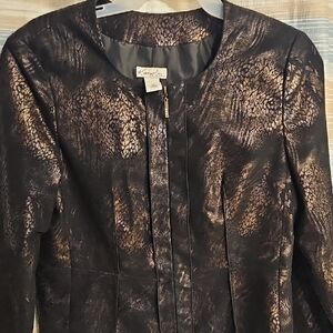Kim Rogers Womens Petite 14P Black Gold Metallic Animal Print Jacket Full Zip